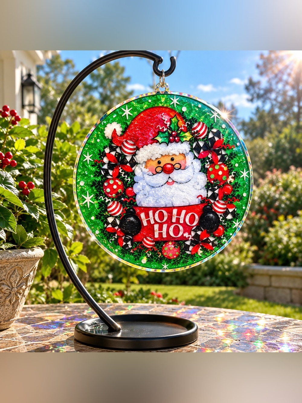 Festive Santa Holiday Suncatcher Green and Red - Picture 1 of 4